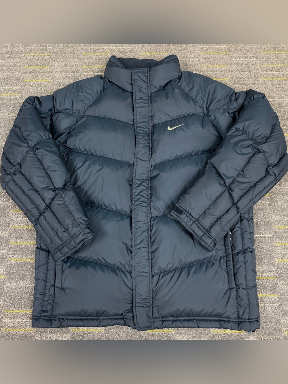 Vintage Nike Puffer Jacket Mens XL Blue Center Swoosh Down Bubble Coat Y2K